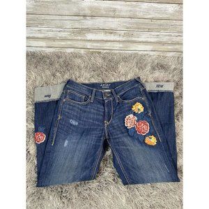 ariat boyfriend jeans sz 27R distressed cuffed embroidered roses